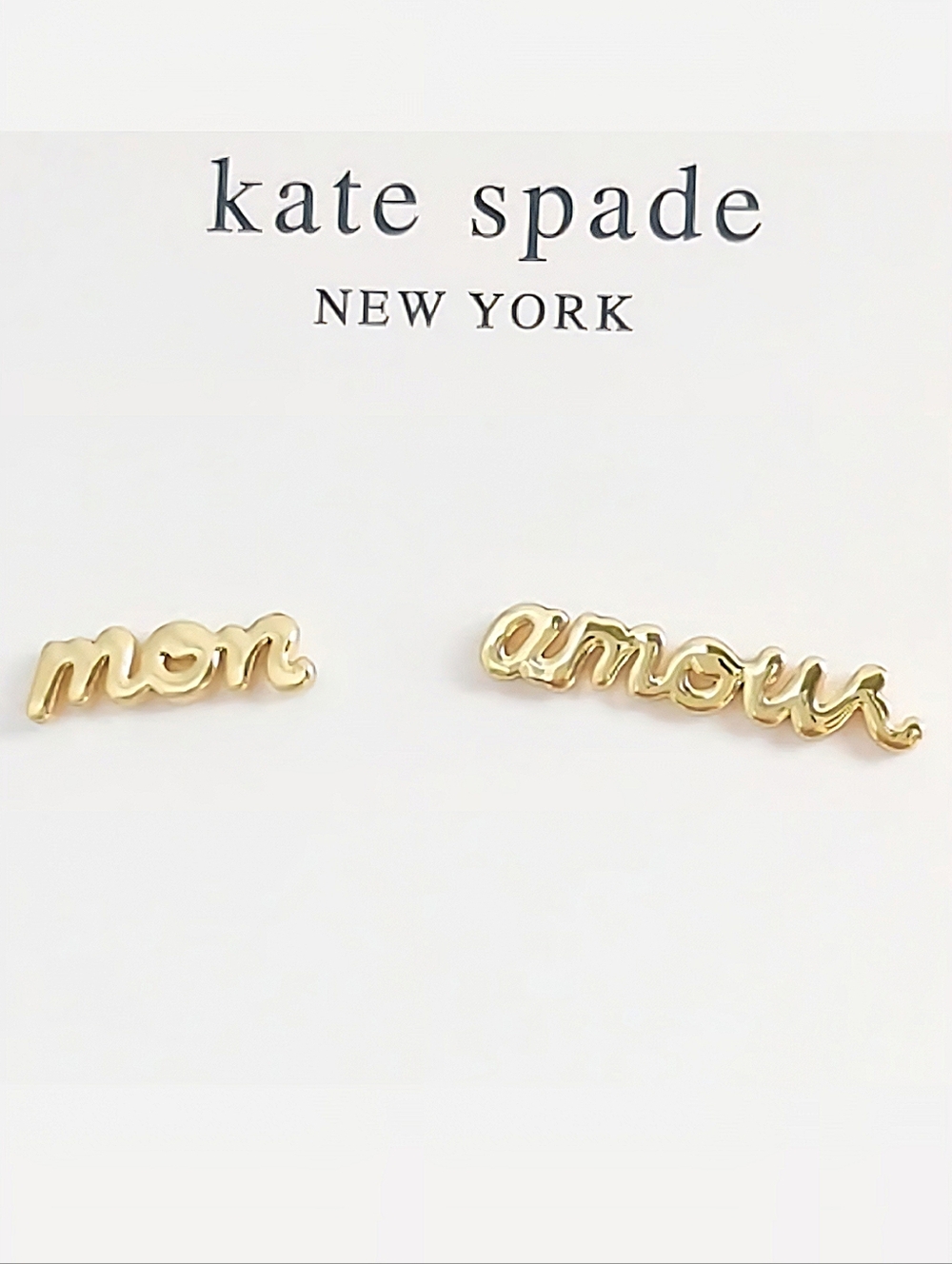 Kate Spade True Love “mon amour” Script Gold Stud Earrings with Dust Bag, NWT